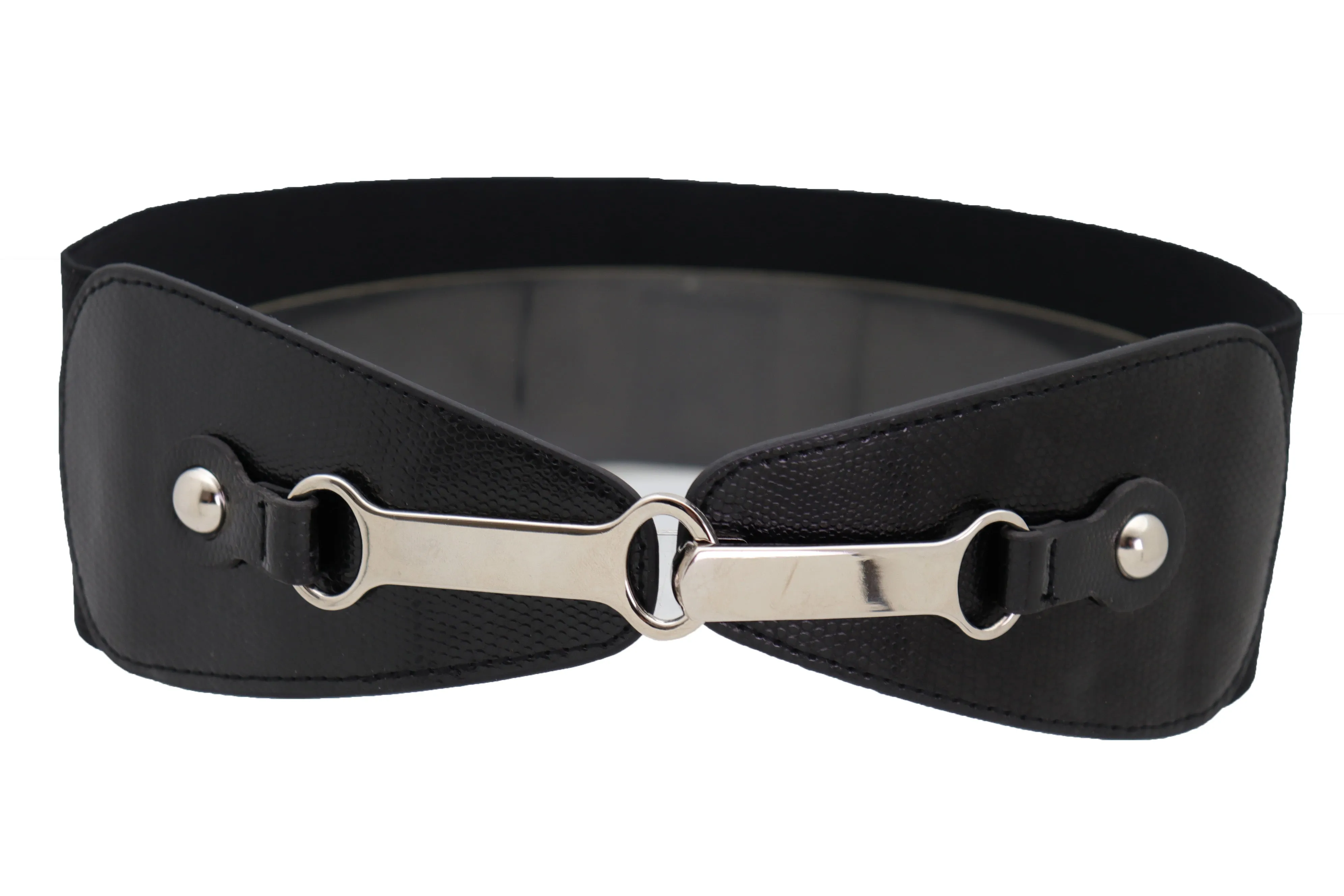 Black Faux Leather Elastic Fashion Belt Silver Metal Long Buckle Fit Size S M