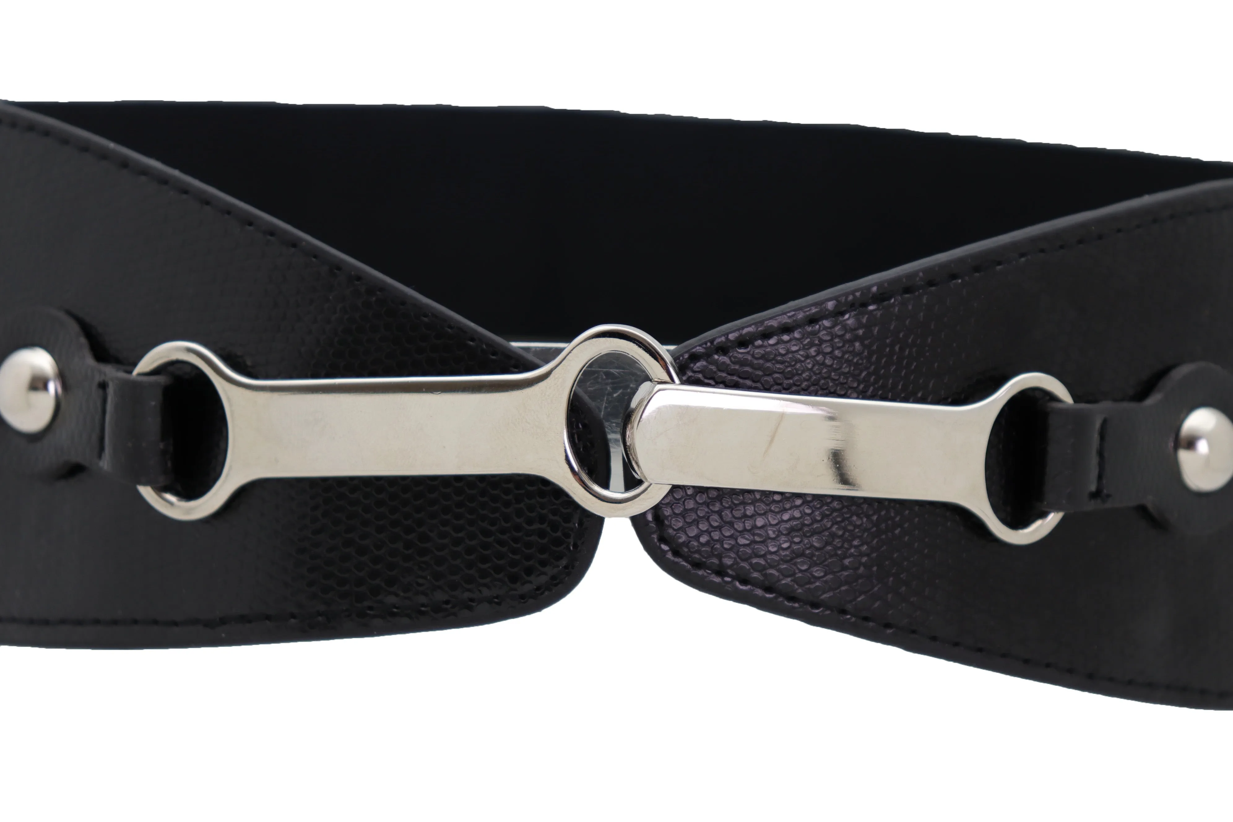 Black Faux Leather Elastic Fashion Belt Silver Metal Long Buckle Fit Size S M