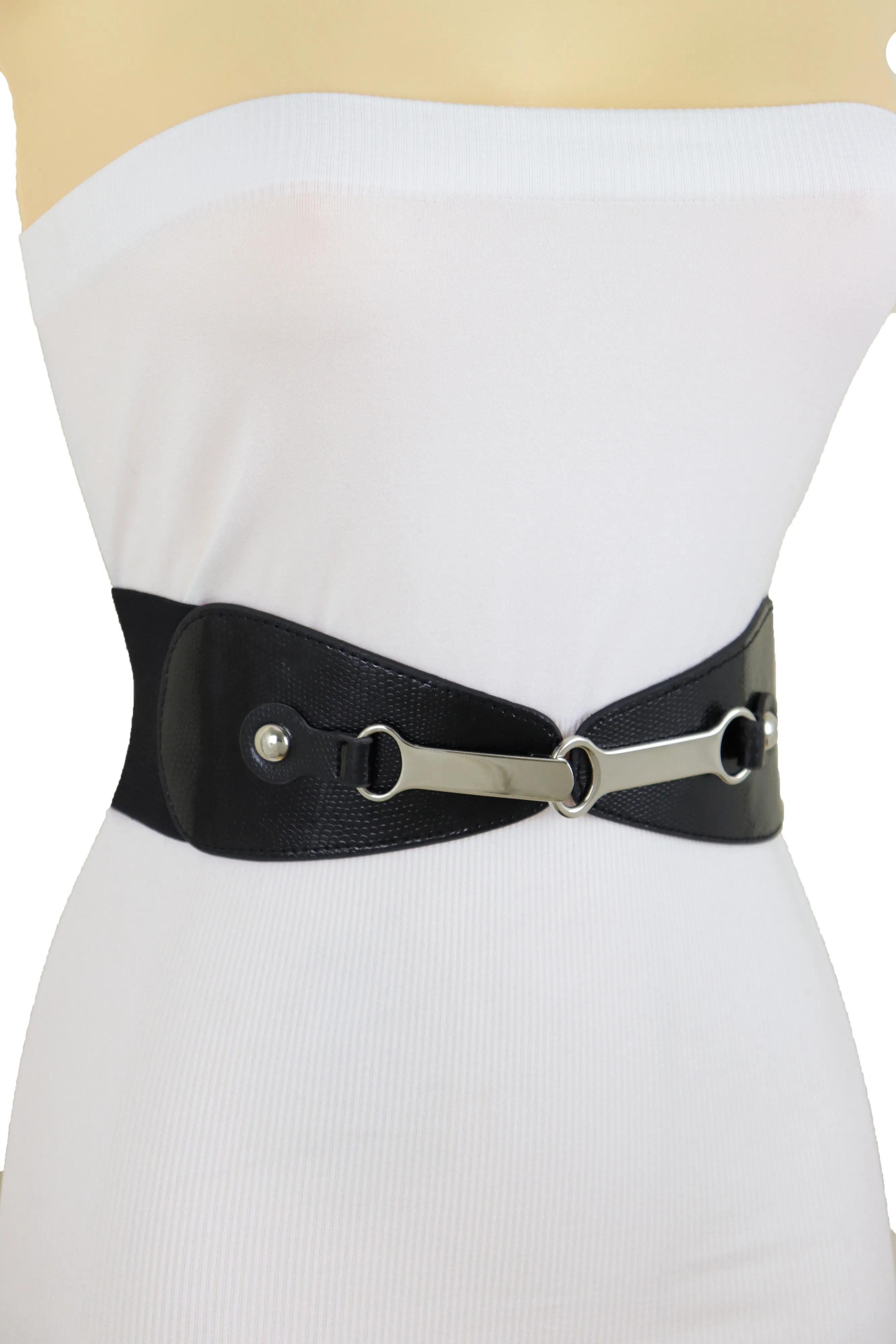 Black Faux Leather Elastic Fashion Belt Silver Metal Long Buckle Fit Size S M