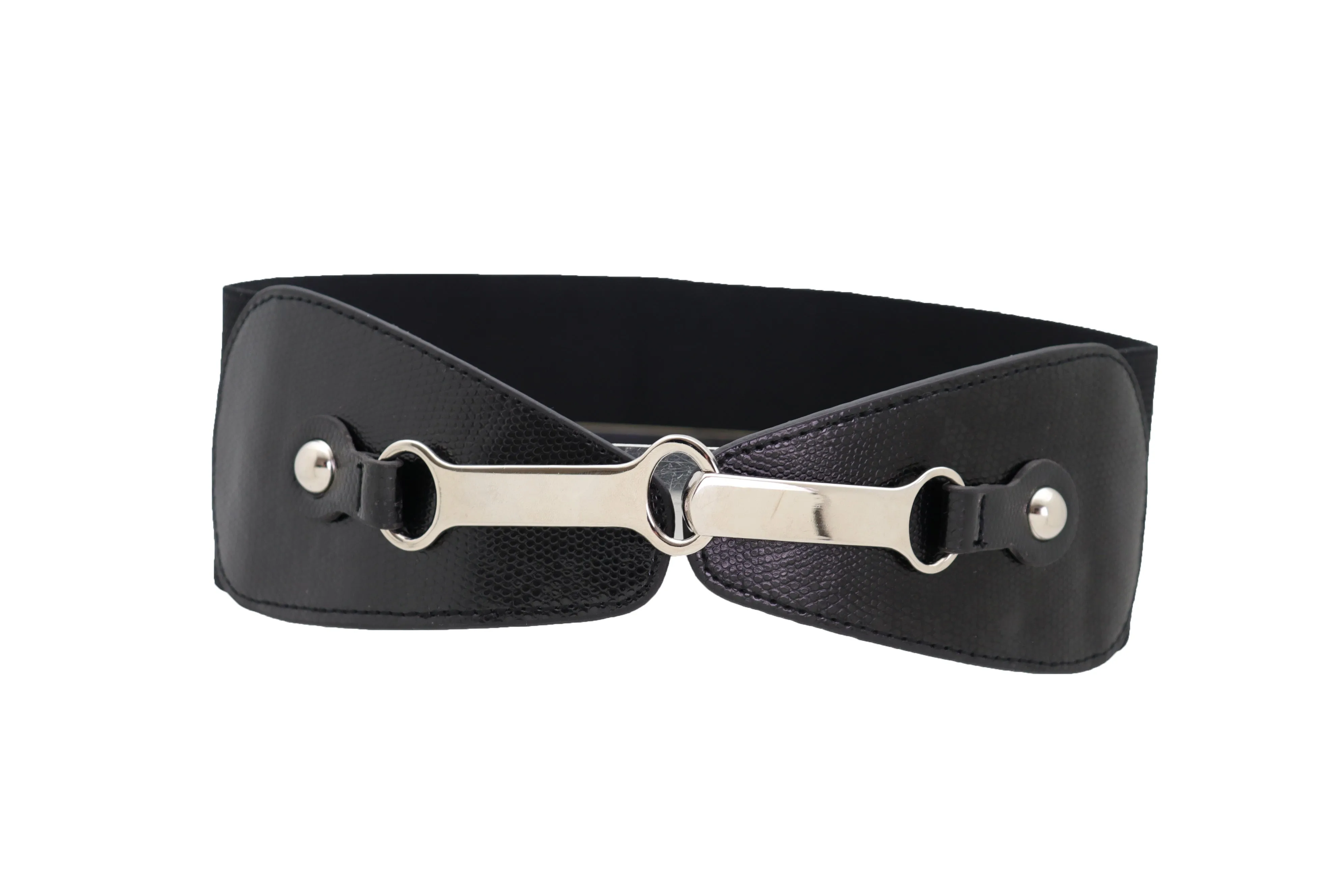 Black Faux Leather Elastic Fashion Belt Silver Metal Long Buckle Fit Size S M