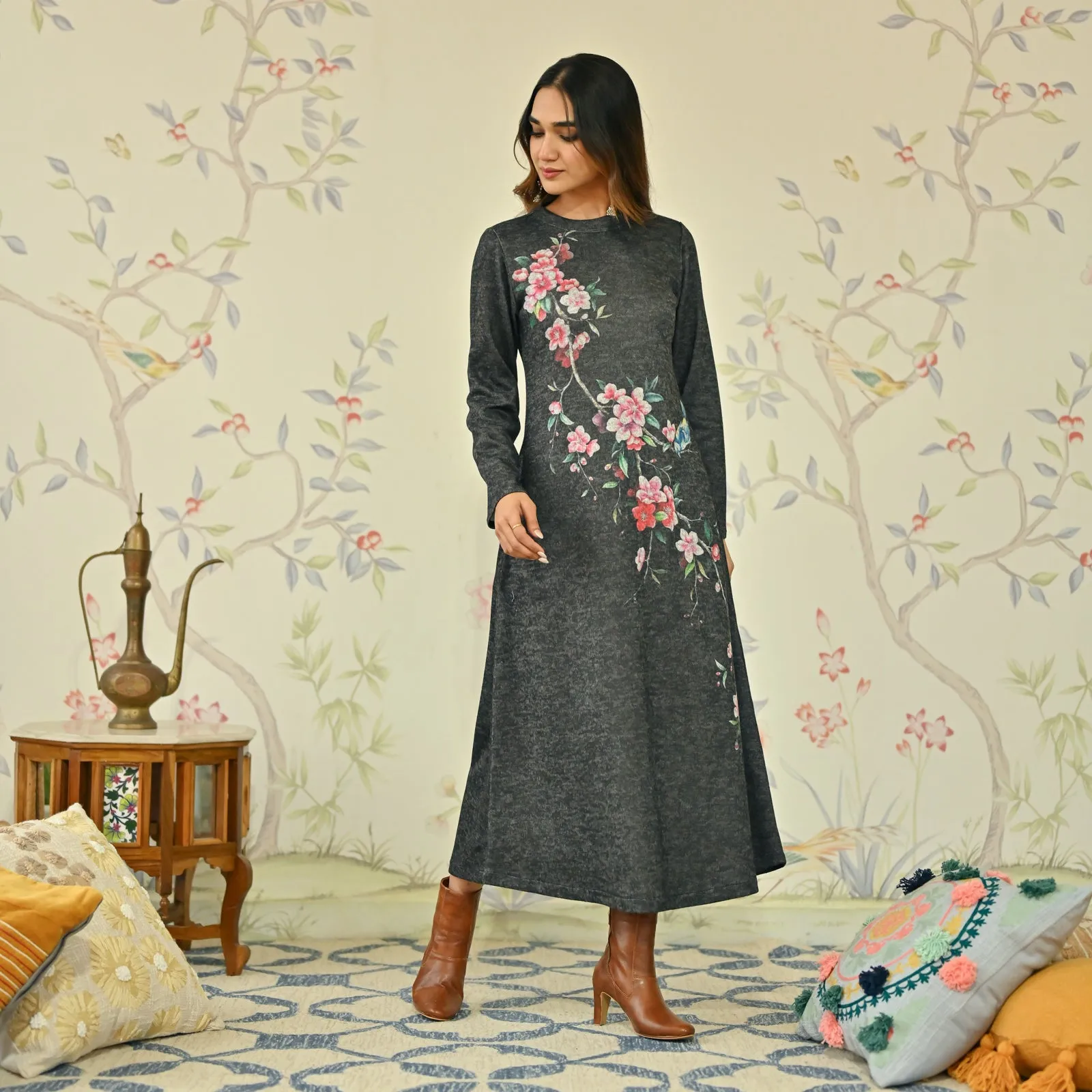 Black Floral A-line Woollen Dress