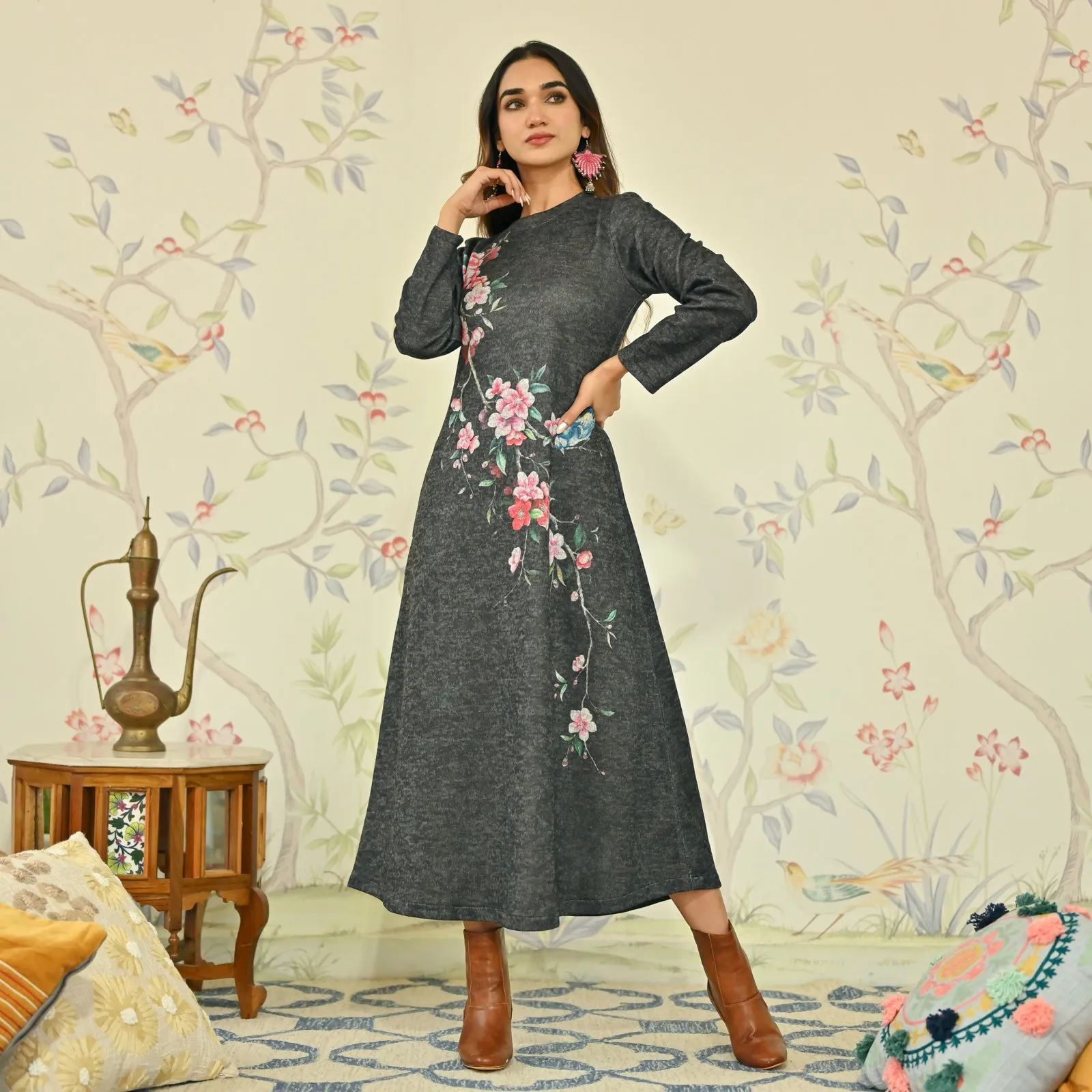 Black Floral A-line Woollen Dress