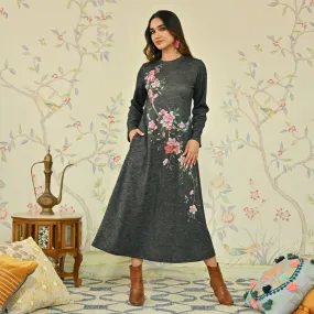 Black Floral A-line Woollen Dress