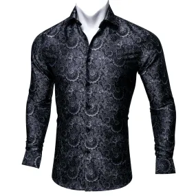 Black Floral Silk Men's Long Sleeve Shirt