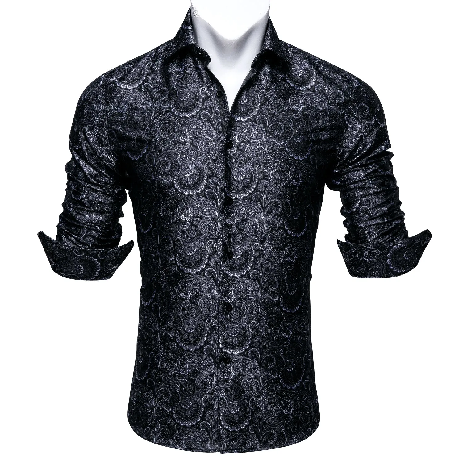 Black Floral Silk Men's Long Sleeve Shirt