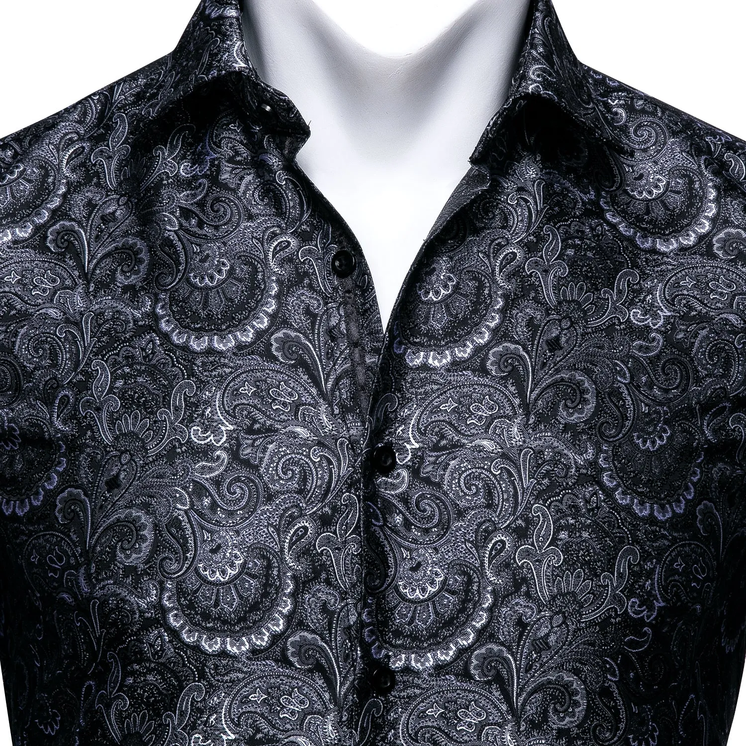 Black Floral Silk Men's Long Sleeve Shirt