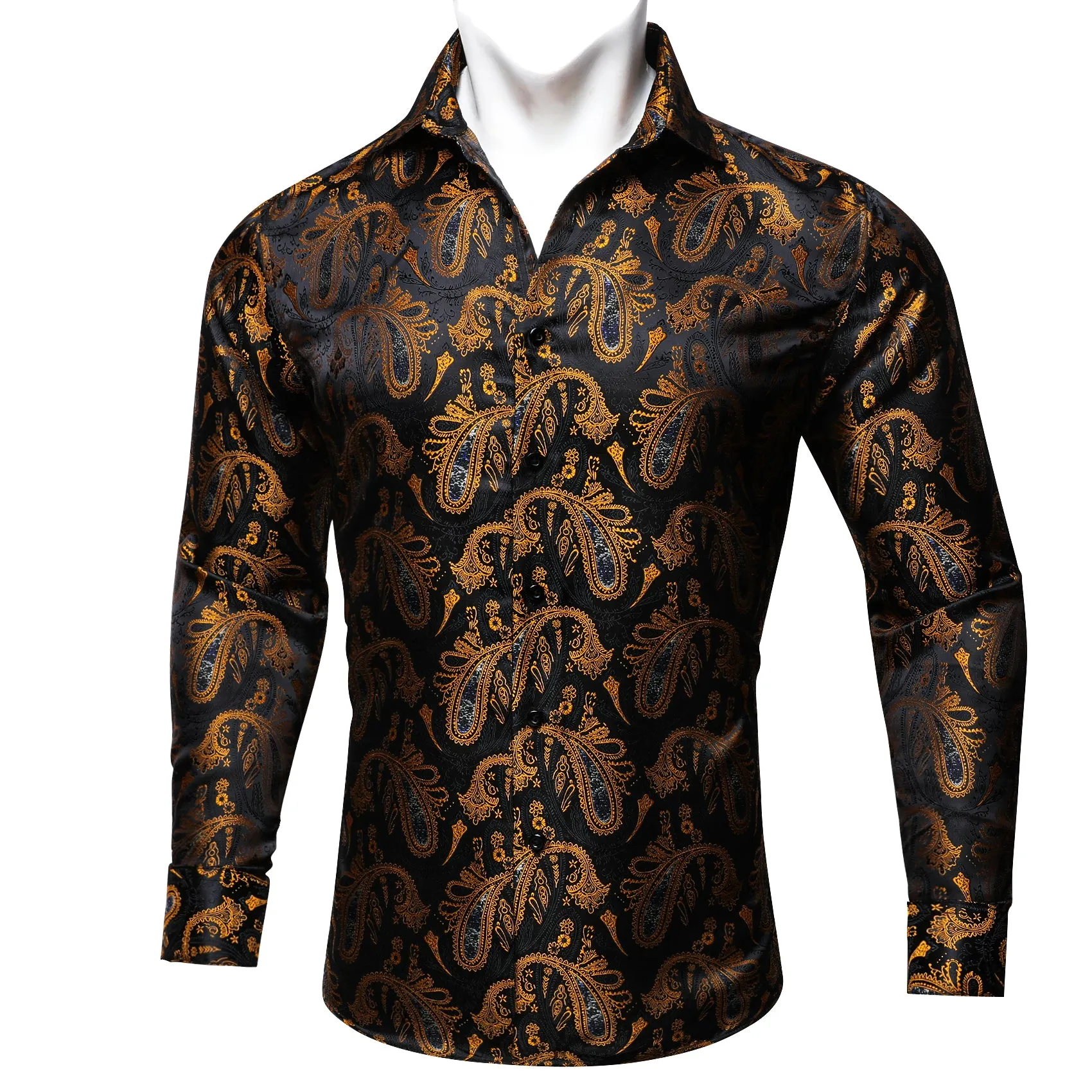 Black Gold Paisley Silk Men's Long Sleeve Shirt