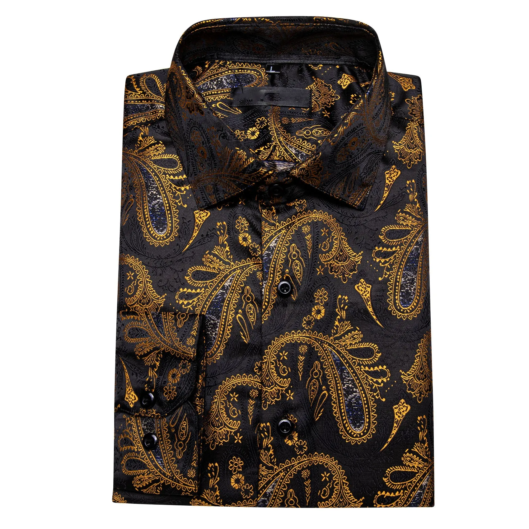 Black Gold Paisley Silk Men's Long Sleeve Shirt