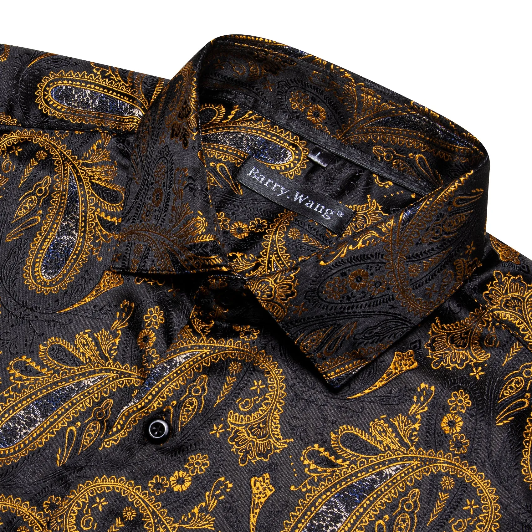 Black Gold Paisley Silk Men's Long Sleeve Shirt