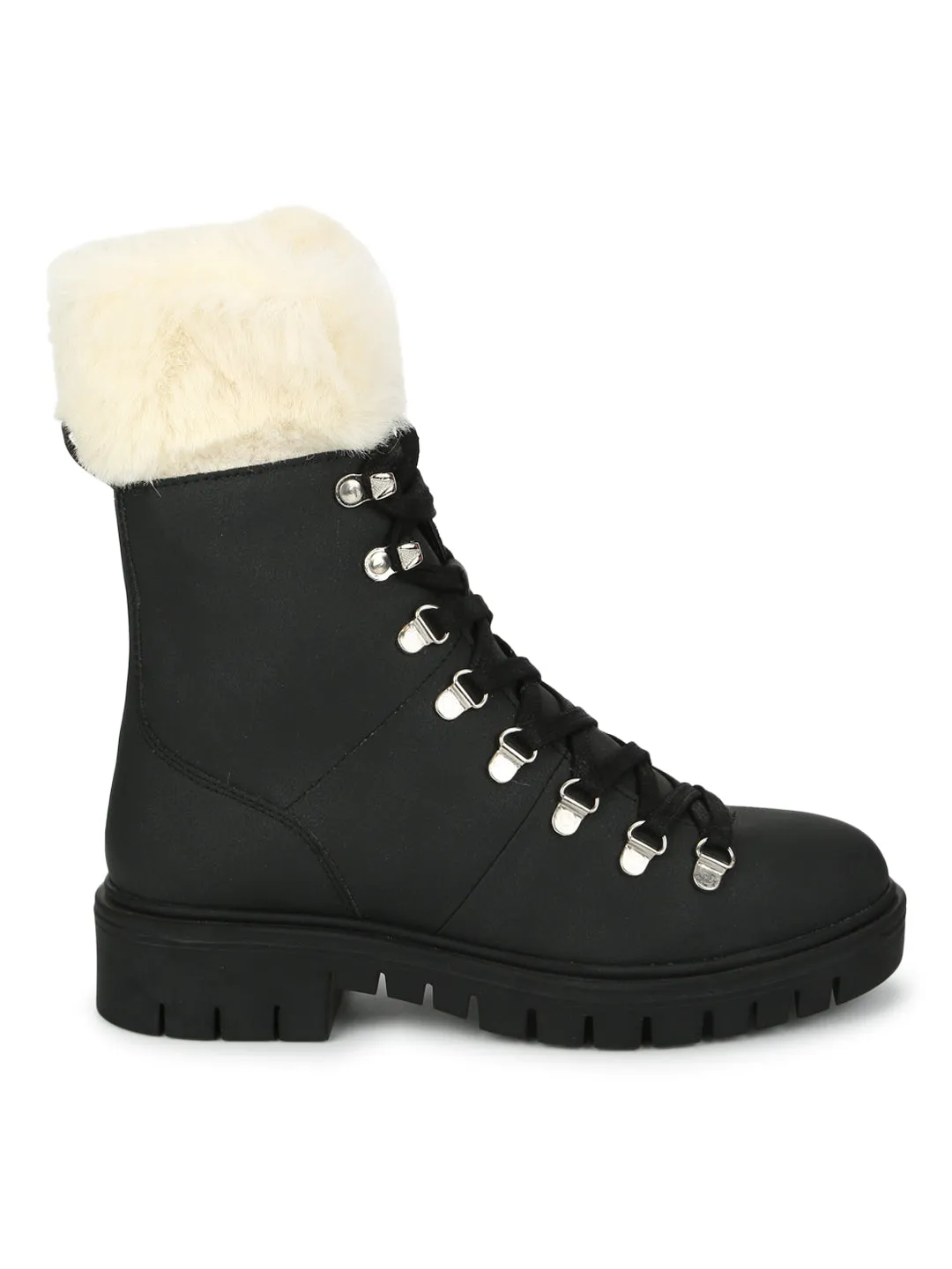 Black Nubuck Lace Up Faux Fur Ankle Boots