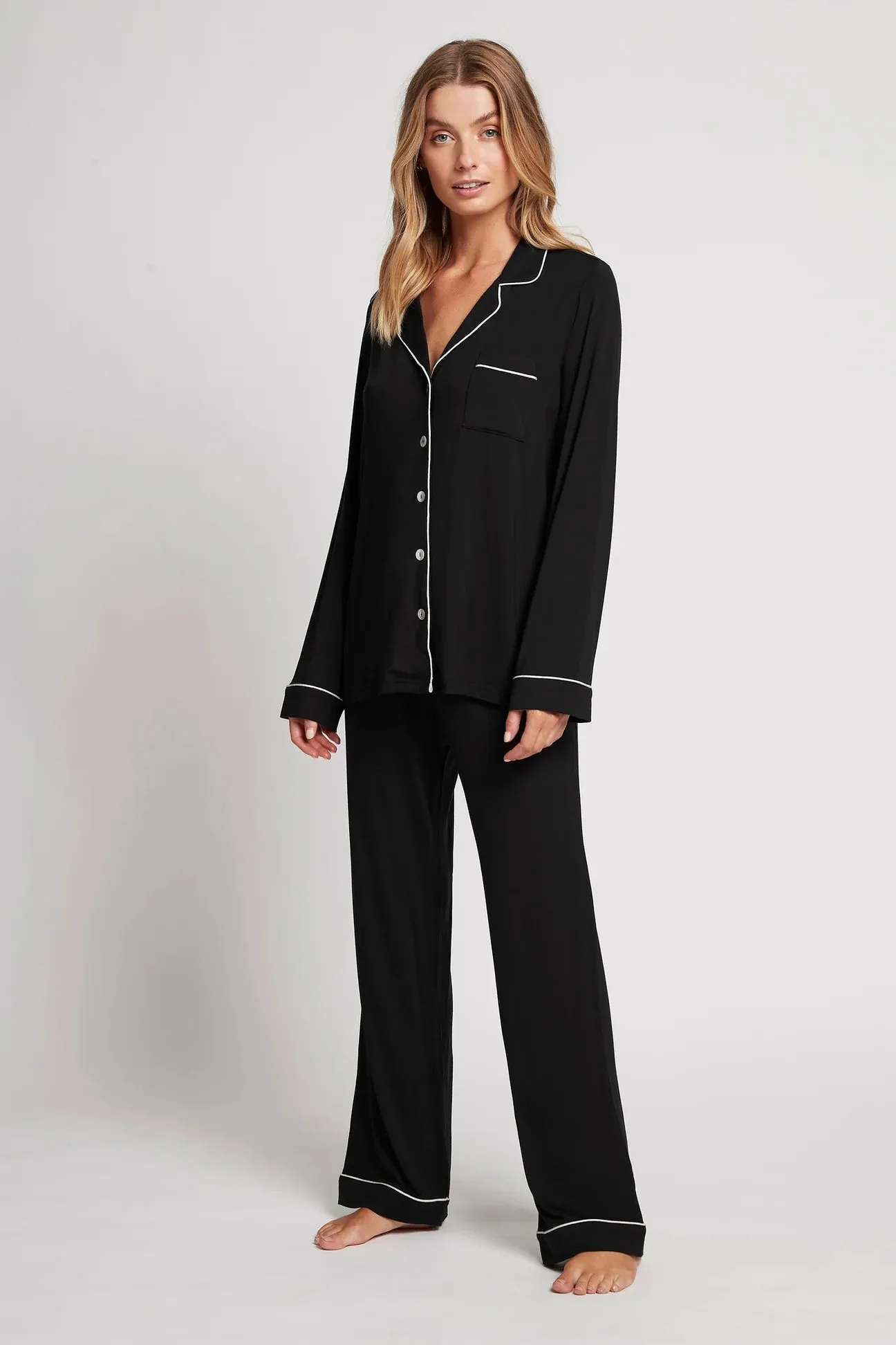 Black Petra Long Pyjama Set with Blush Piping