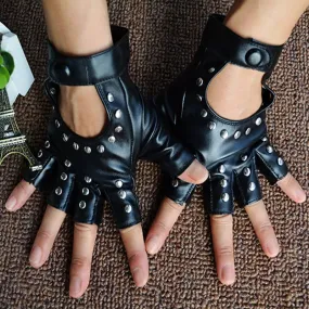 Black Pu Leather Half Finger Gloves for Women