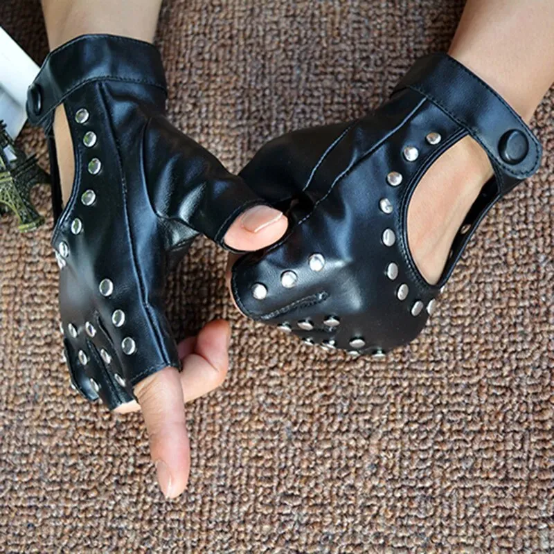 Black Pu Leather Half Finger Gloves for Women