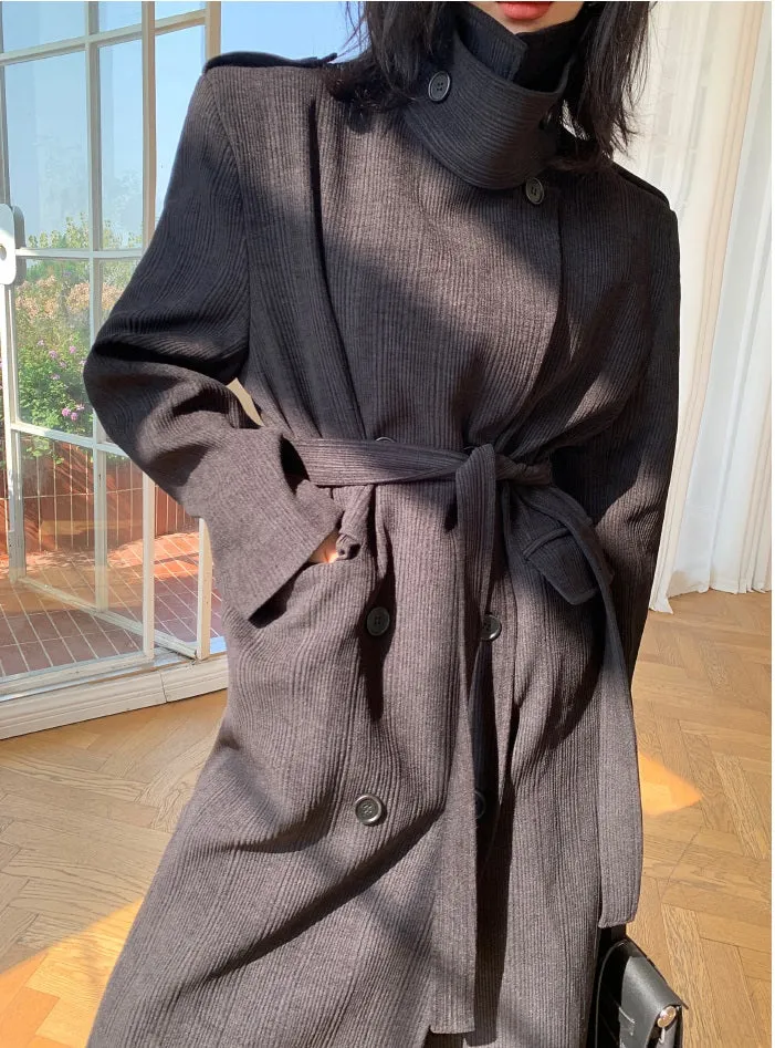 Black WANXO color stand collar corduroy coat new loose medium and long woolen coat- Sala