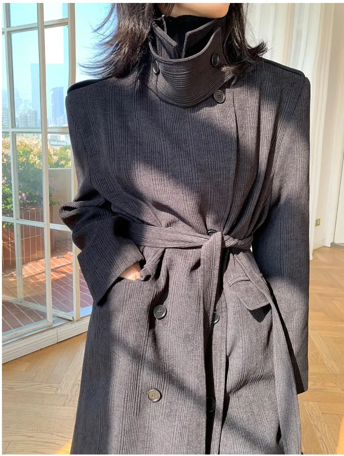 Black WANXO color stand collar corduroy coat new loose medium and long woolen coat- Sala