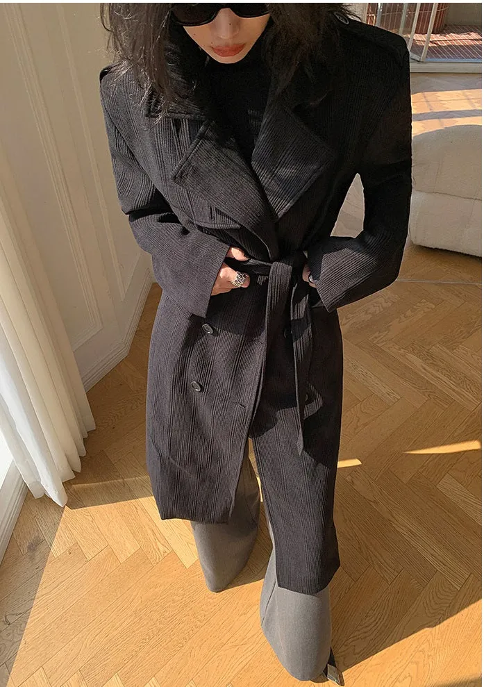 Black WANXO color stand collar corduroy coat new loose medium and long woolen coat- Sala