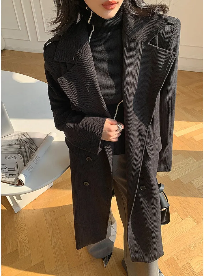 Black WANXO color stand collar corduroy coat new loose medium and long woolen coat- Sala