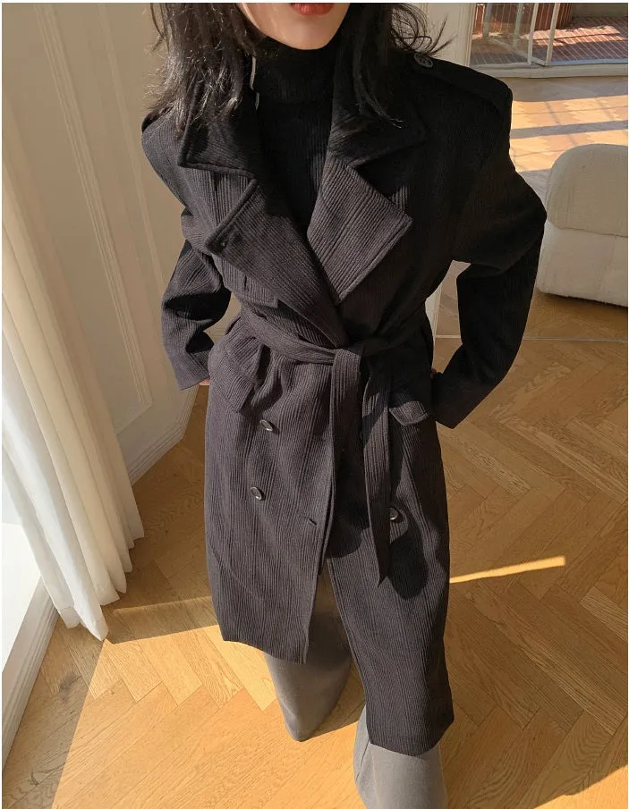 Black WANXO color stand collar corduroy coat new loose medium and long woolen coat- Sala