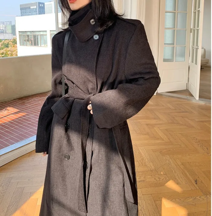 Black WANXO color stand collar corduroy coat new loose medium and long woolen coat- Sala