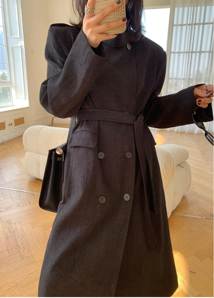 Black WANXO color stand collar corduroy coat new loose medium and long woolen coat- Sala