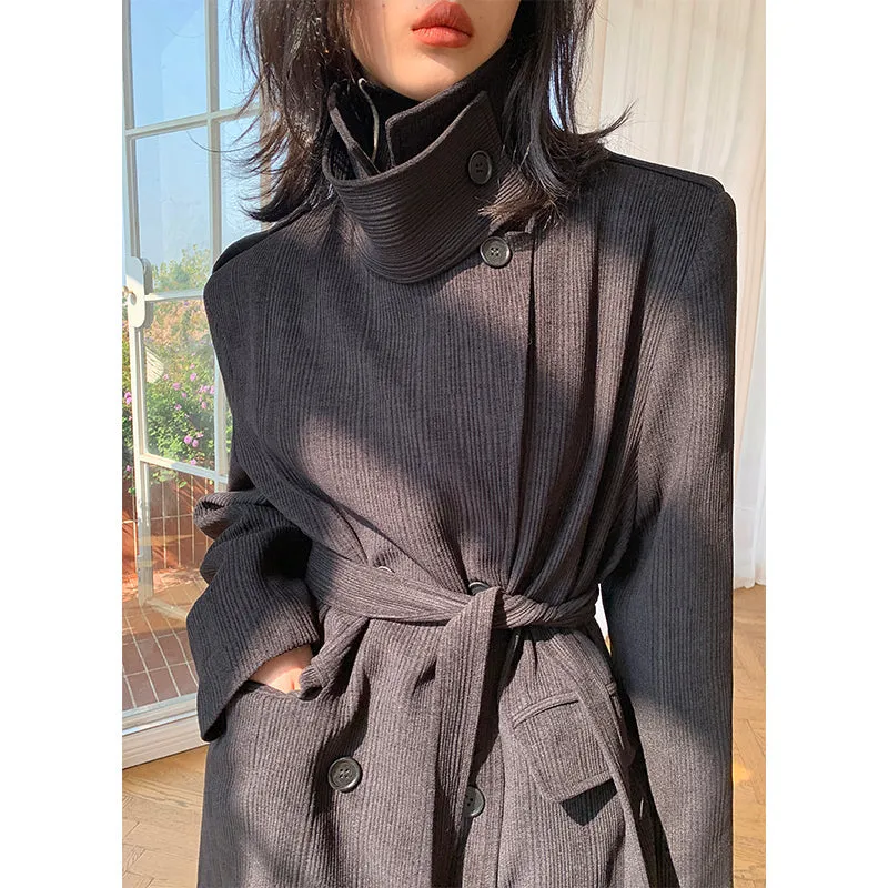 Black WANXO color stand collar corduroy coat new loose medium and long woolen coat- Sala