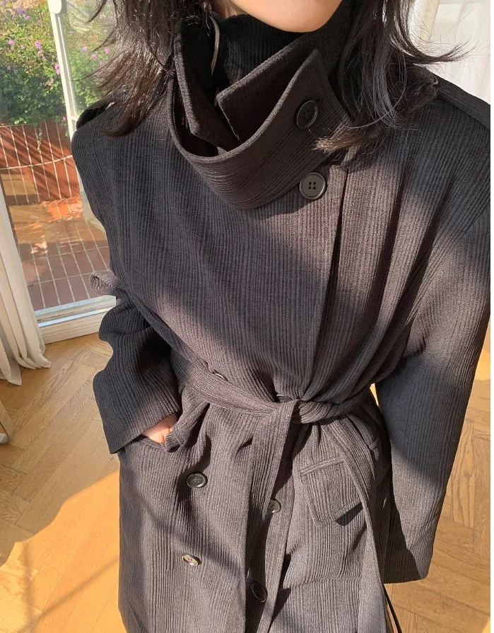 Black WANXO color stand collar corduroy coat new loose medium and long woolen coat- Sala