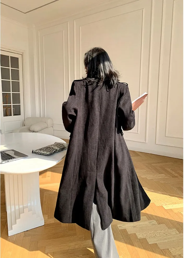 Black WANXO color stand collar corduroy coat new loose medium and long woolen coat- Sala