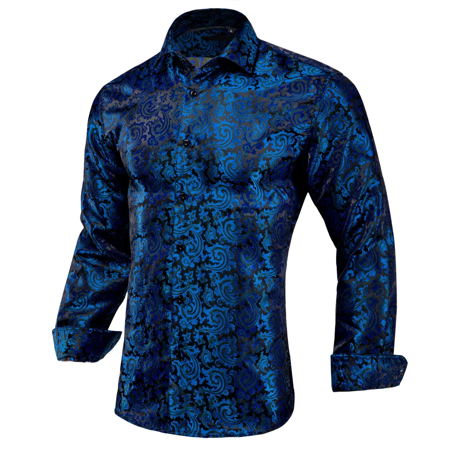 Blue Black Paisley Silk Men's Long Sleeve Shirt