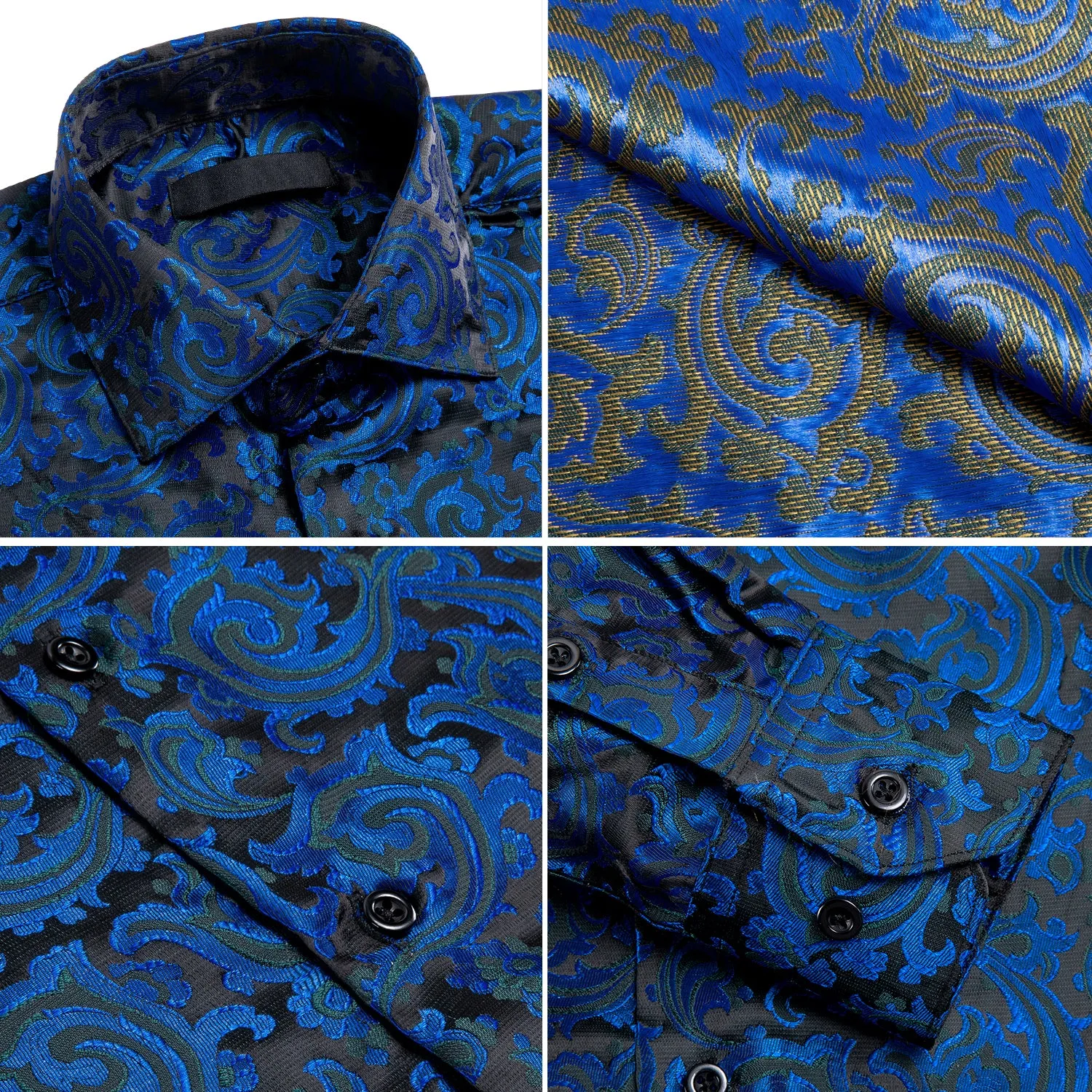 Blue Black Paisley Silk Men's Long Sleeve Shirt