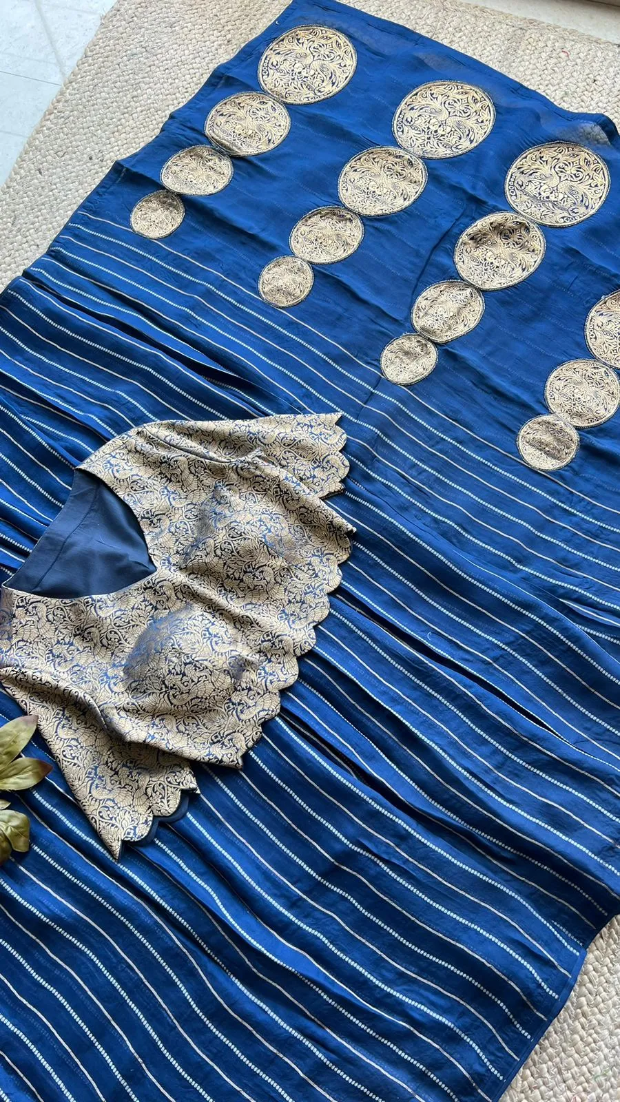 Blue organza striped saree with banarasi blouse