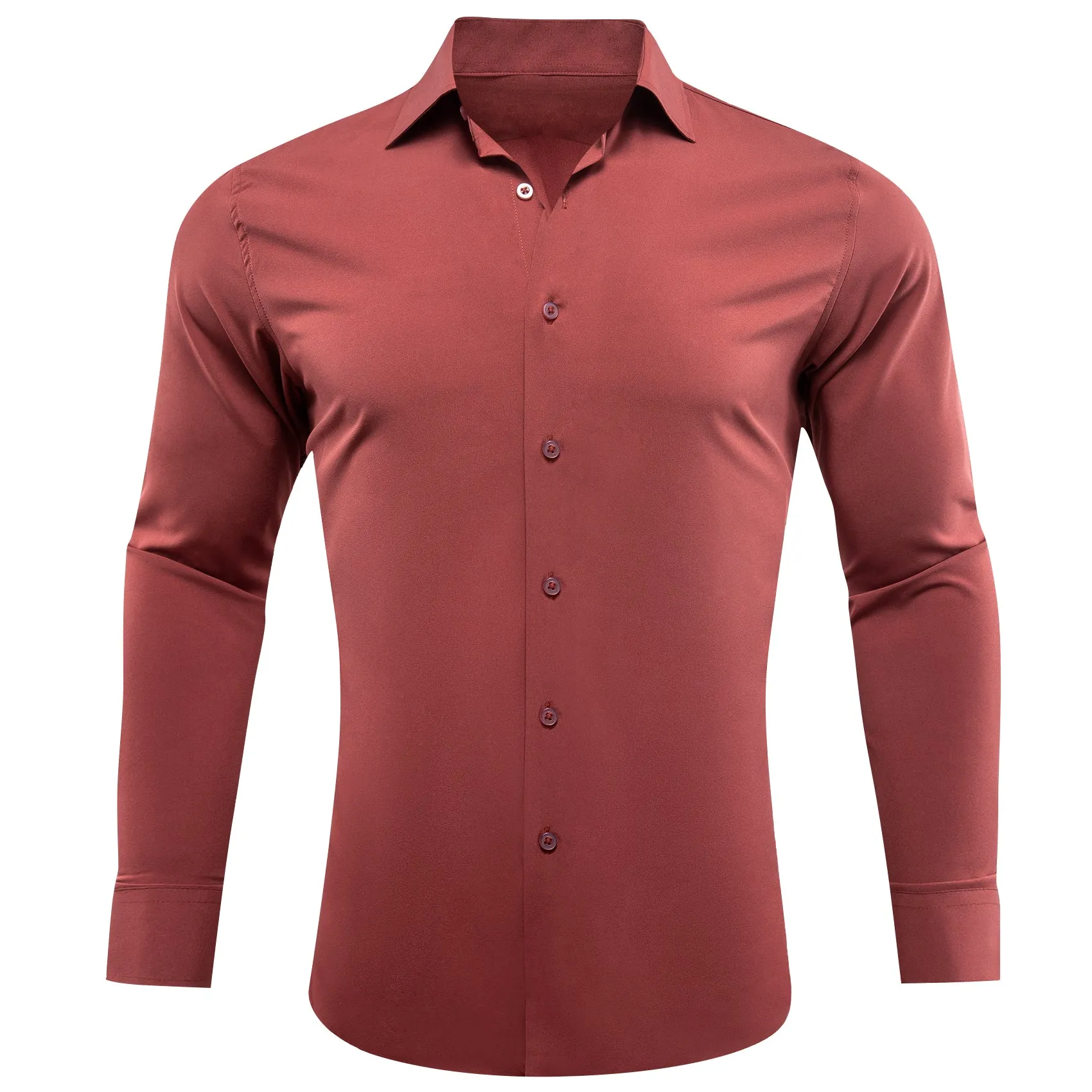 Brick Red Solid Silk Men's Long Sleeve Shirt