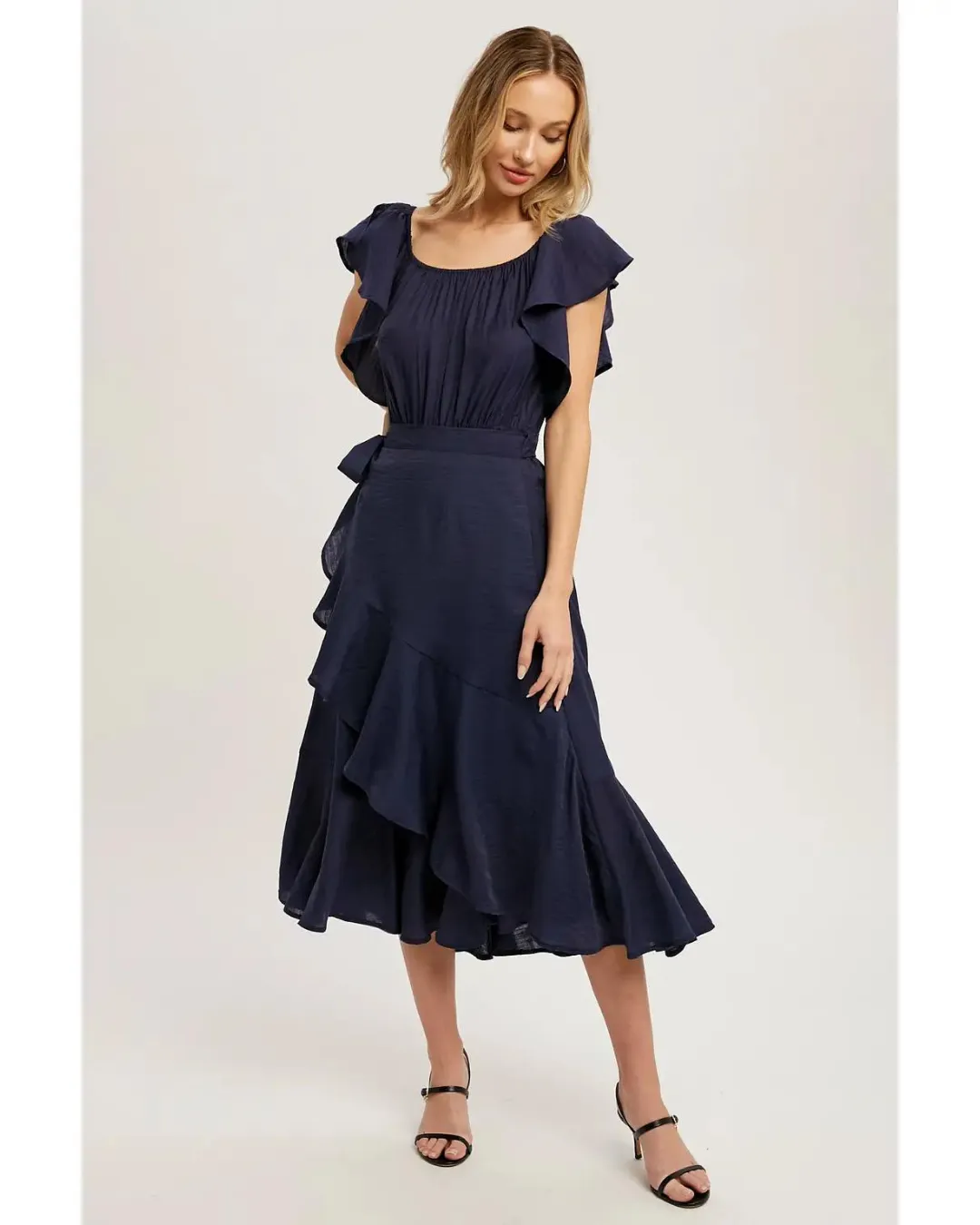 Brooklyn - Flounce Wrap Off The Shoulder Dress Navy