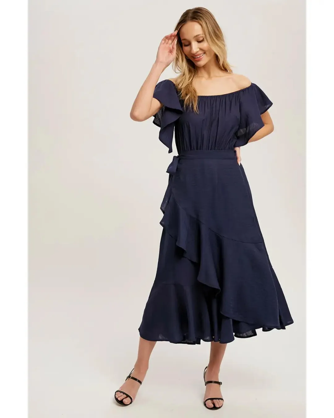 Brooklyn - Flounce Wrap Off The Shoulder Dress Navy