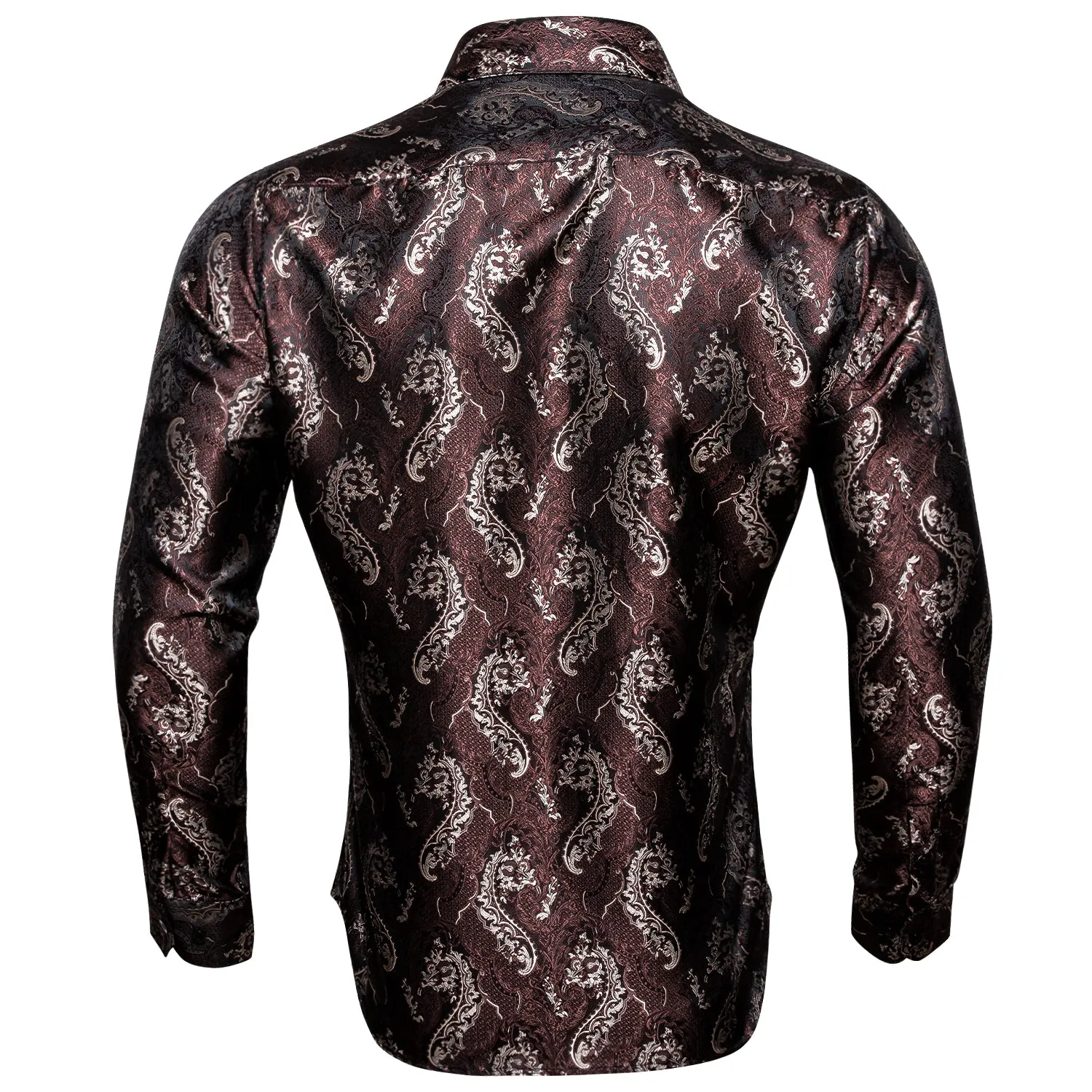 Brown Floral Pattern Silk Men's Long Sleeve Shirt