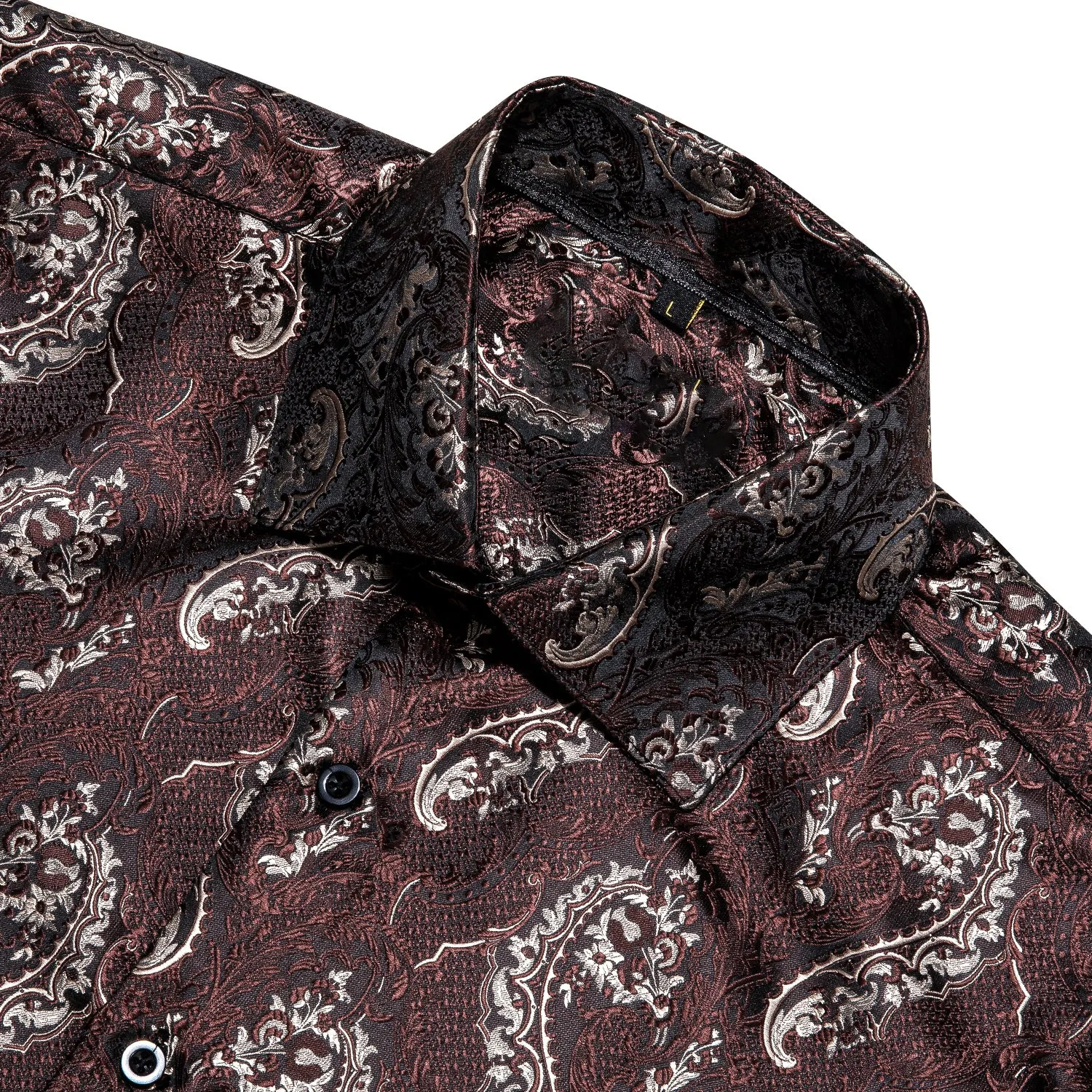 Brown Floral Pattern Silk Men's Long Sleeve Shirt