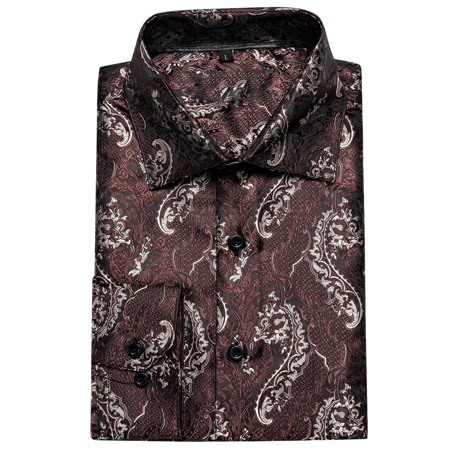 Brown Floral Pattern Silk Men's Long Sleeve Shirt