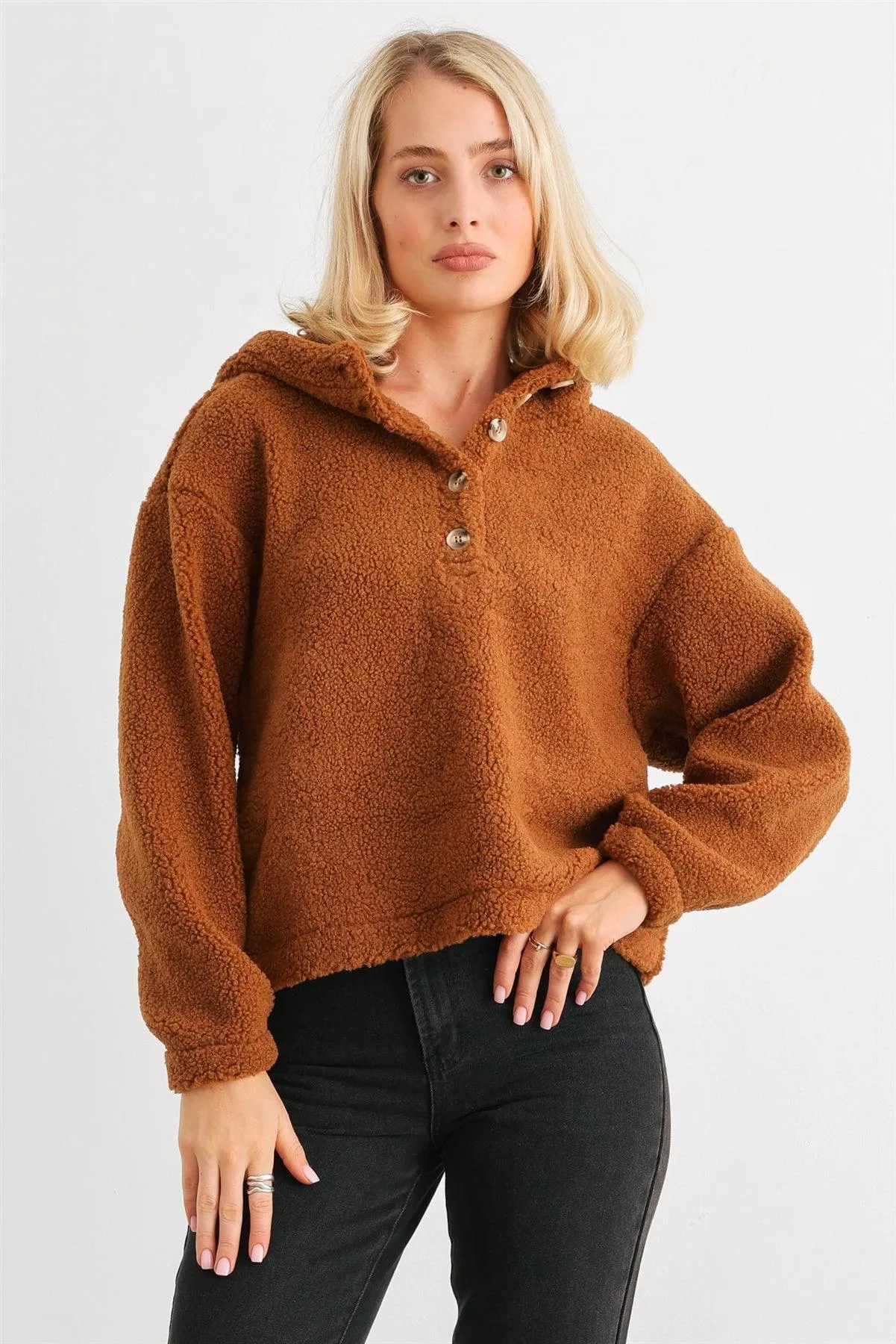 Camel Teddy Knit Button-Up Two Pocket Hooded Sweater /2-3