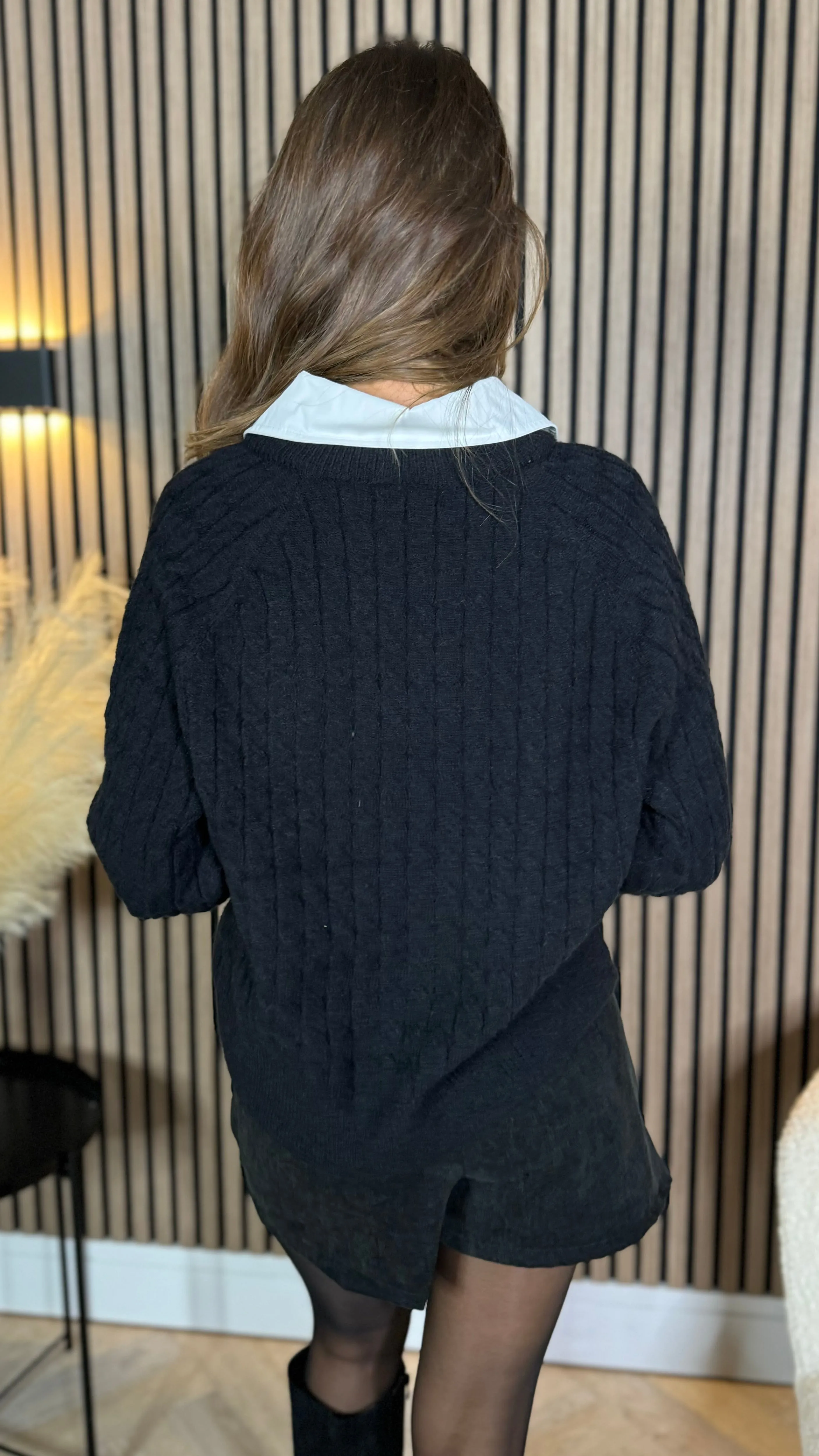 Camille Black Ribbed Jumper With Shirt Detail