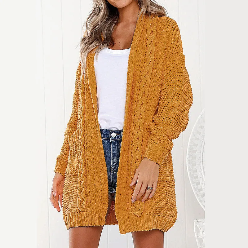 Candy Color Pockets Cable Knit Women Long Cardigan