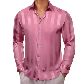 Casual Blush Pink Striped Shiny Satin Men's Long Sleeve Shirt