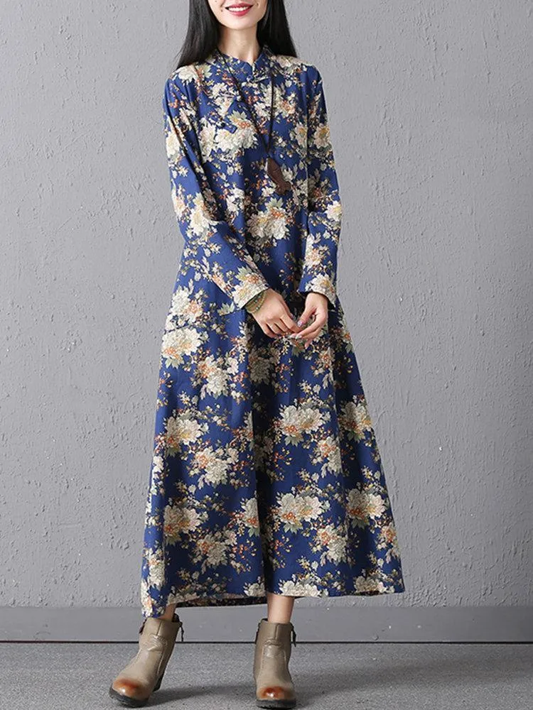 Casual Loose Floral Printed Stand Collar Women Dresses