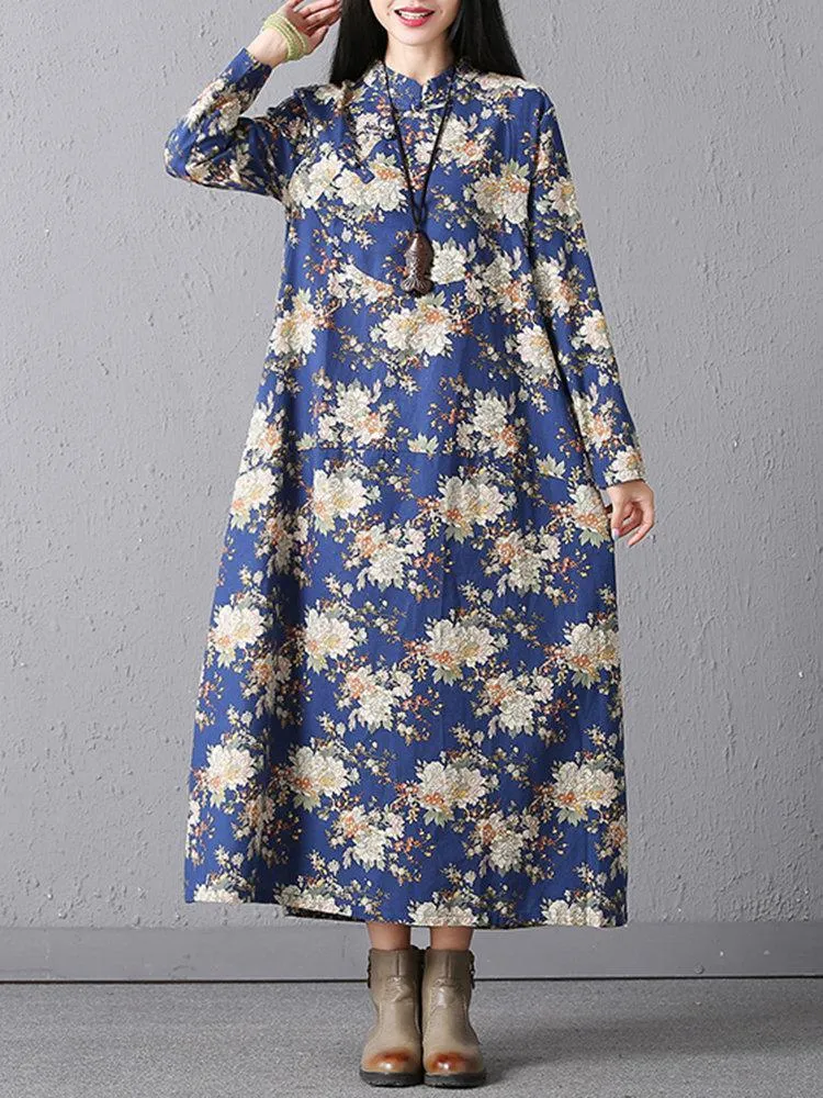 Casual Loose Floral Printed Stand Collar Women Dresses