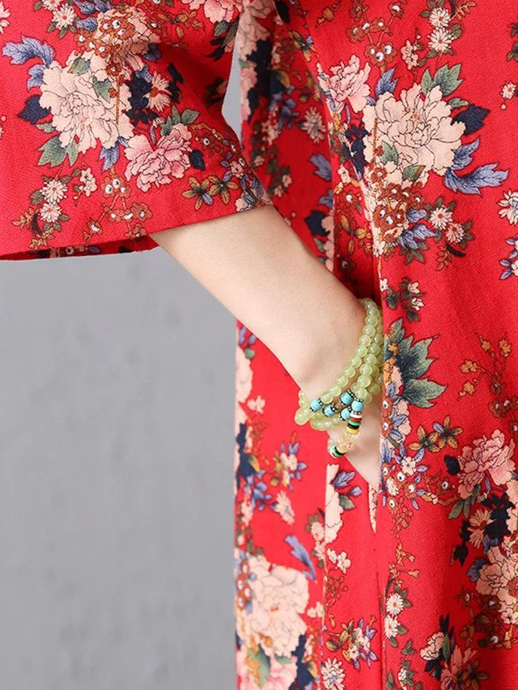 Casual Loose Floral Printed Stand Collar Women Dresses