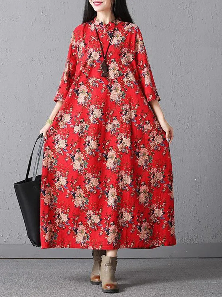 Casual Loose Floral Printed Stand Collar Women Dresses