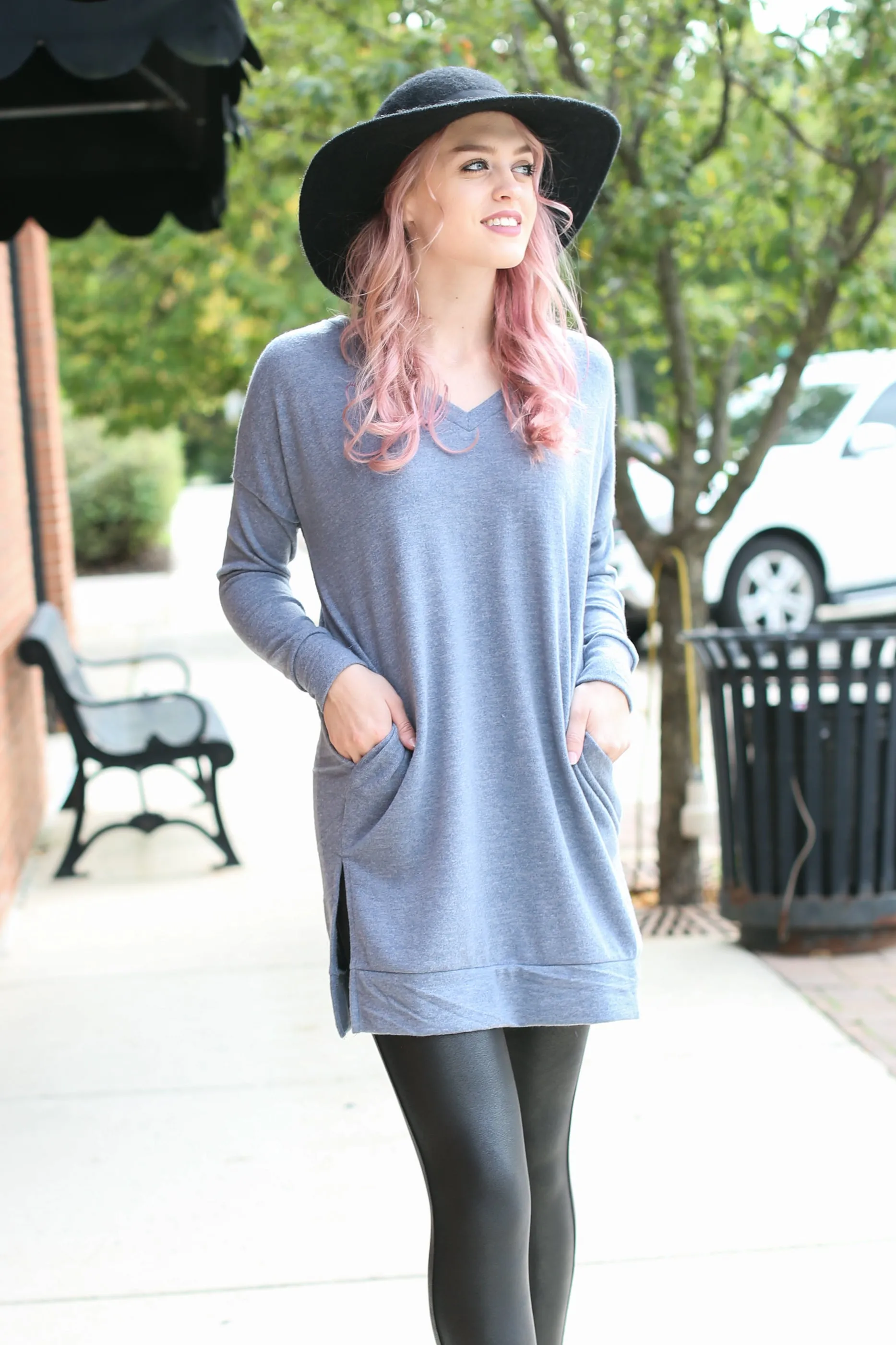 Cement V-Neck Sweater with Pockets