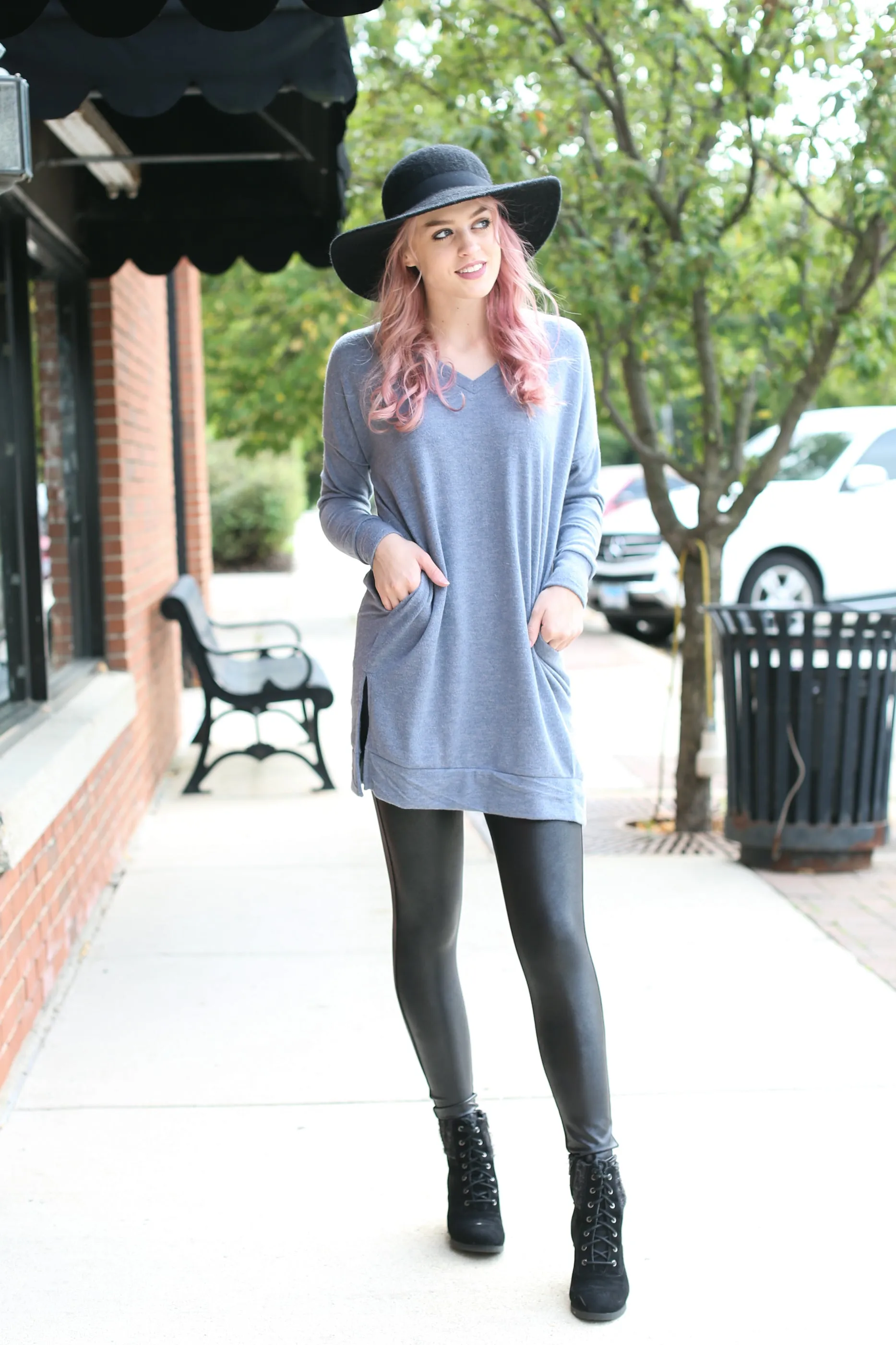 Cement V-Neck Sweater with Pockets