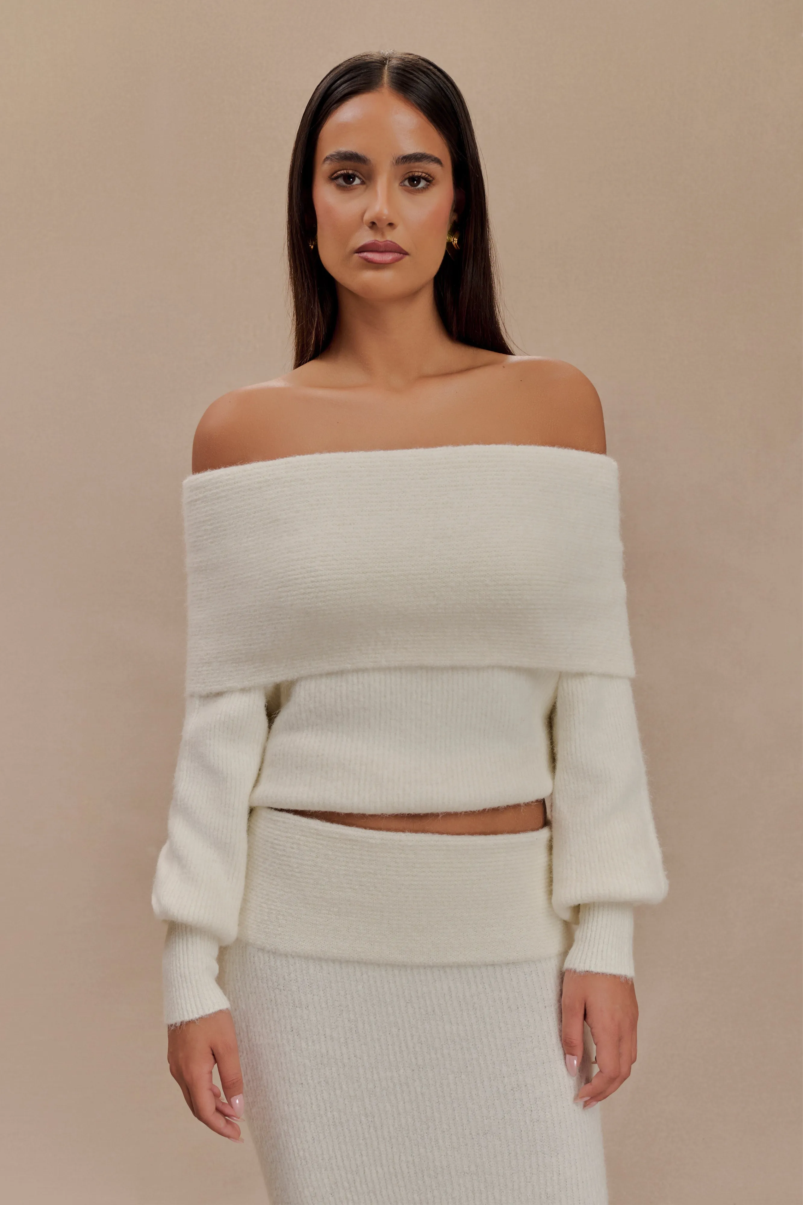 Charlotte Off Shoulder Knit Long Sleeve Top - Ivory