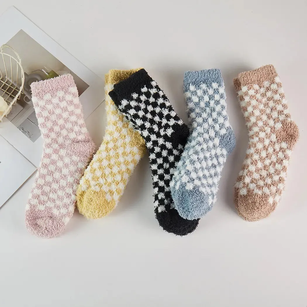 Checkerboard Pattern Fuzzy Winter Socks - Several Colors