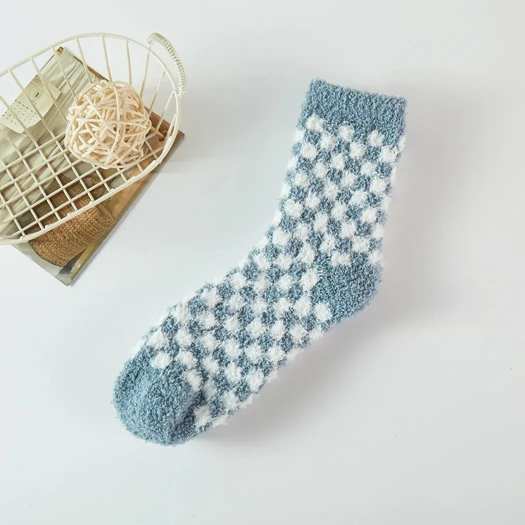 Checkerboard Pattern Fuzzy Winter Socks - Several Colors