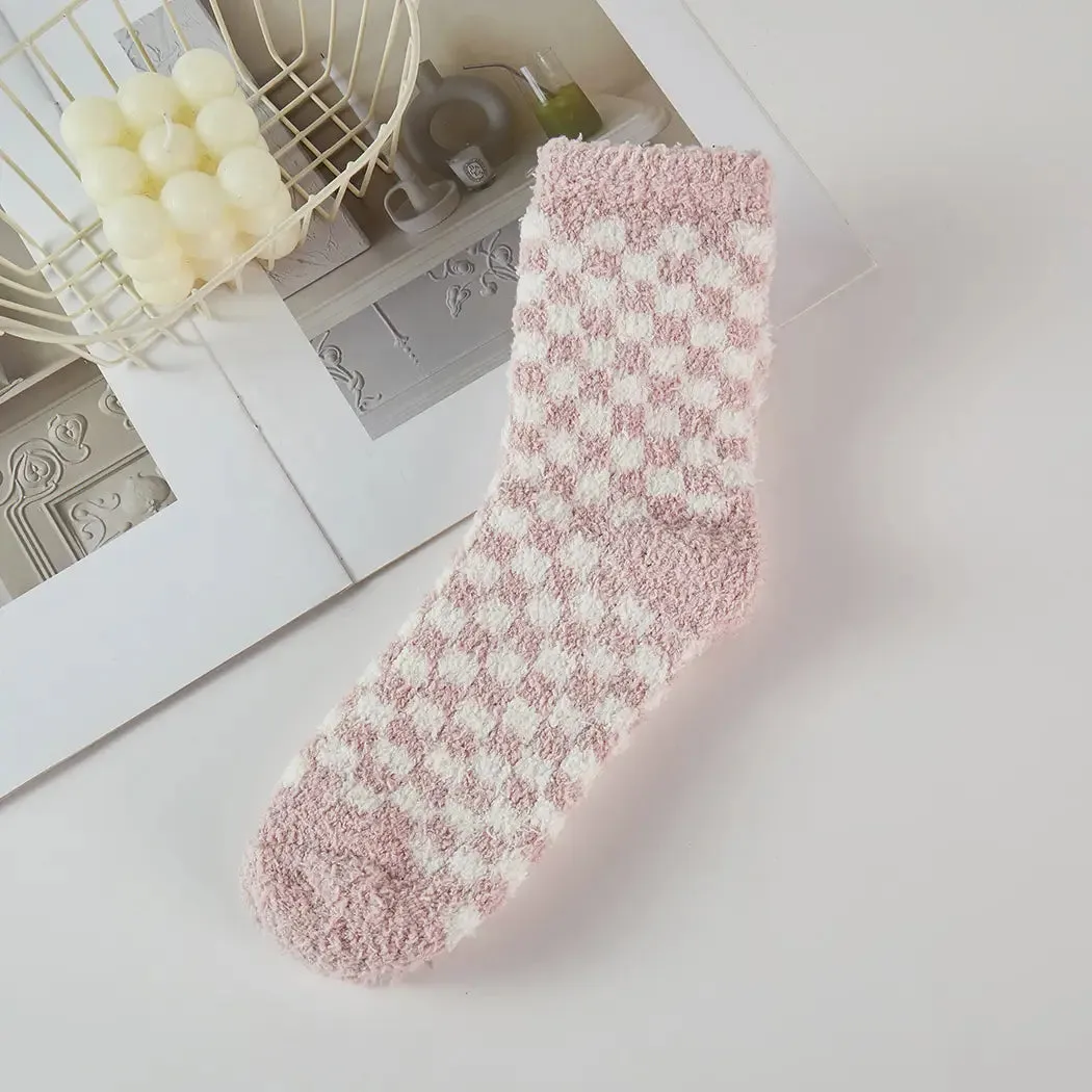 Checkerboard Pattern Fuzzy Winter Socks - Several Colors